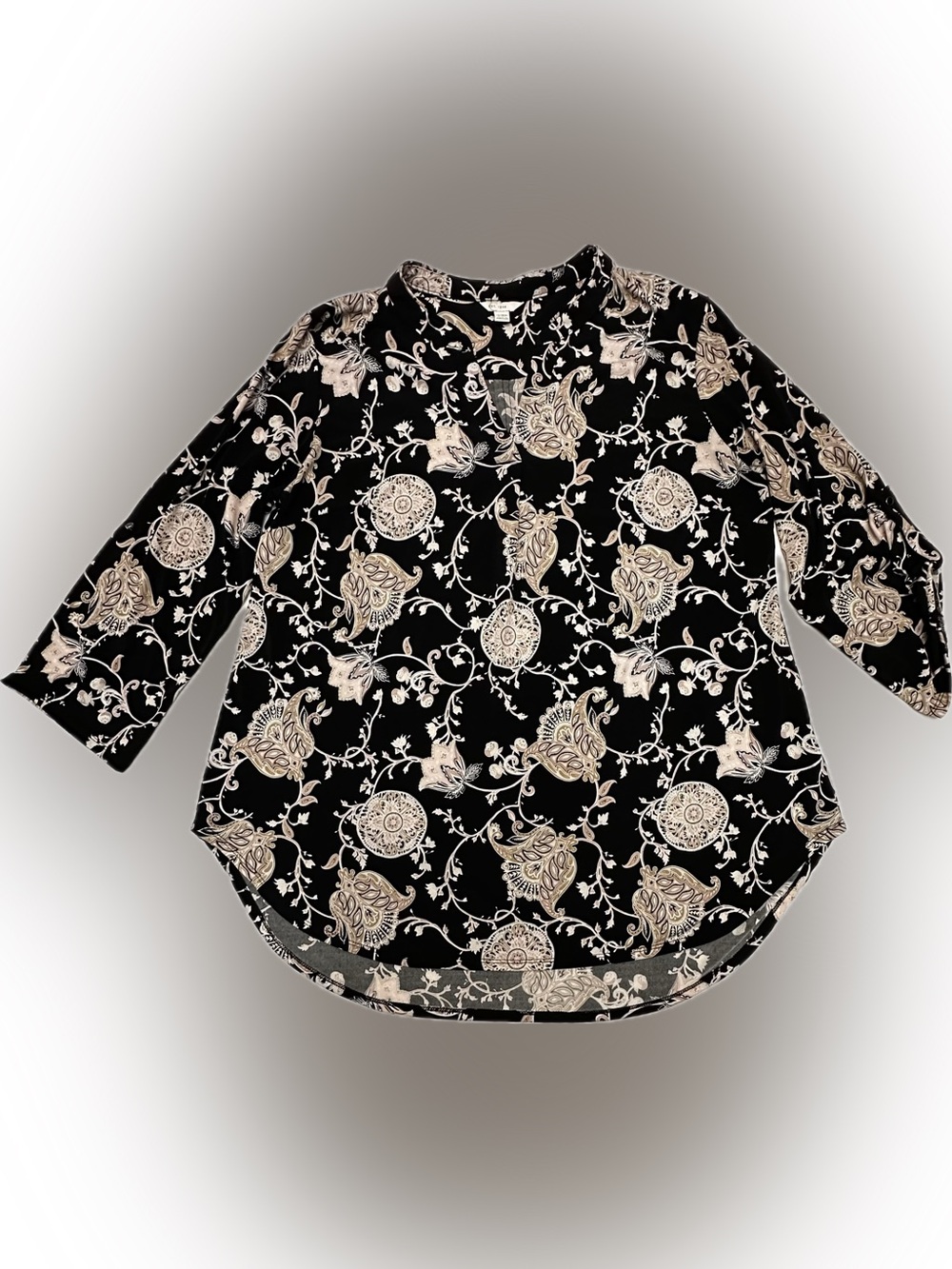 Cato Black Tunic with Cream Floral Medallion Print